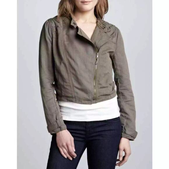 Free People Moto Jacket Cutwork Asymmetrical Zip Green Cropped Jacket SZ 4 EUC - Picture 2 of 12